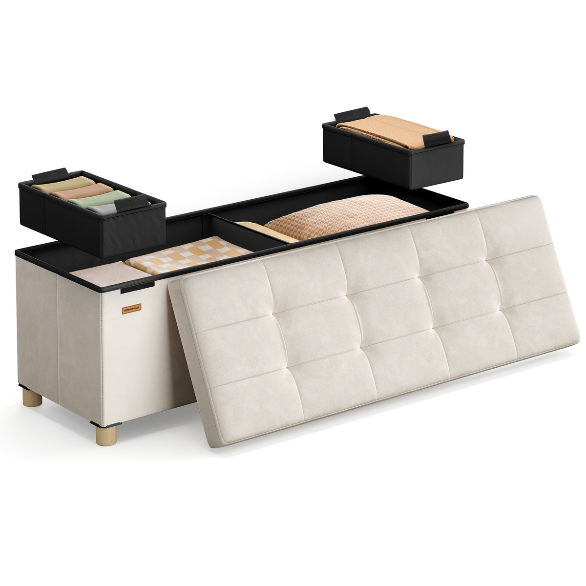 SONGMICS förvaringspuff, 112 L, 15 × 43.3 × 15.7 tum, hopfällbar, beige, ULSF0518W02