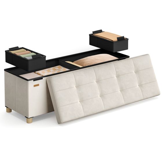 Songmics förvaringspuff, 112 L, 15 × 43.3 × 15.7 tum, hopfällbar, beige, ULSF0518W02