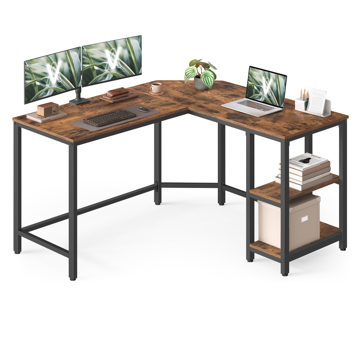 VASAGLE datorbord, 130 × 130 × 76 cm, rustikbrun/svart, LWD123K01