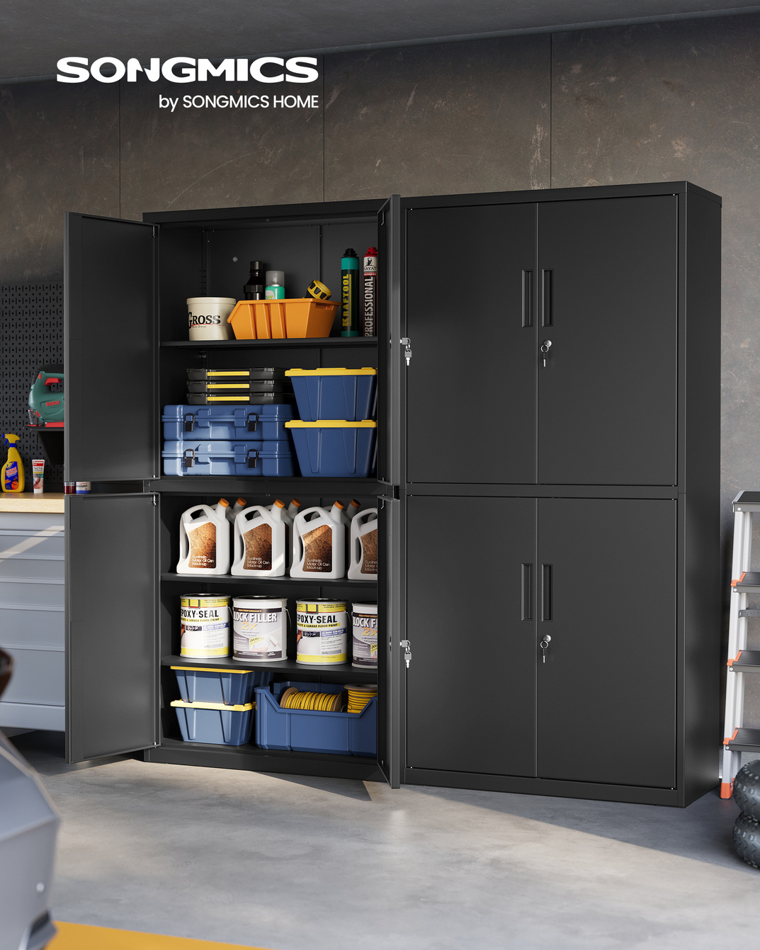 SONGMICS förvaringsskåp, 4 dörrar, 40 × 80 × 180 cm, justerbar hylla, svart, OMC016B01