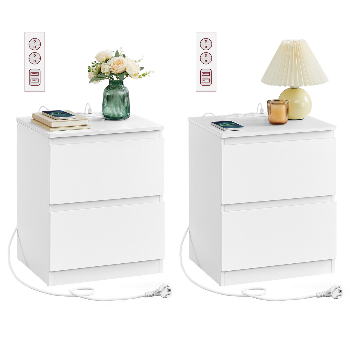 VASAGLE sängbord, 2-pack, 2 lådor, laddstation, molnvit, LET821W02