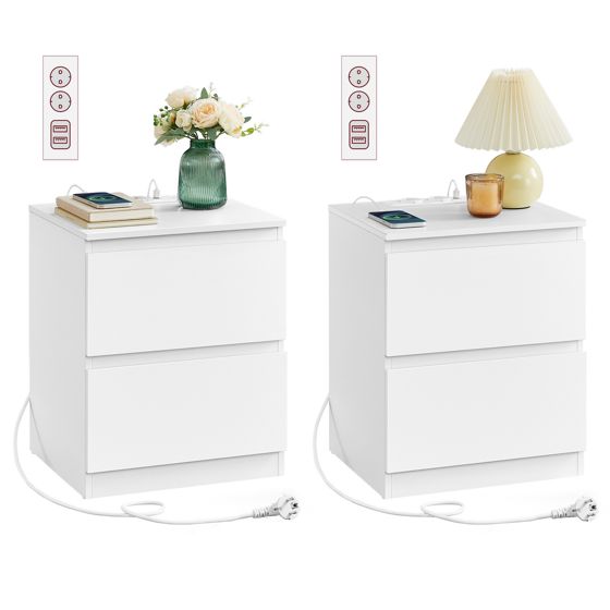 Vasagle sängbord, 2-pack, 2 lådor, laddstation, molnvit, LET821W02
