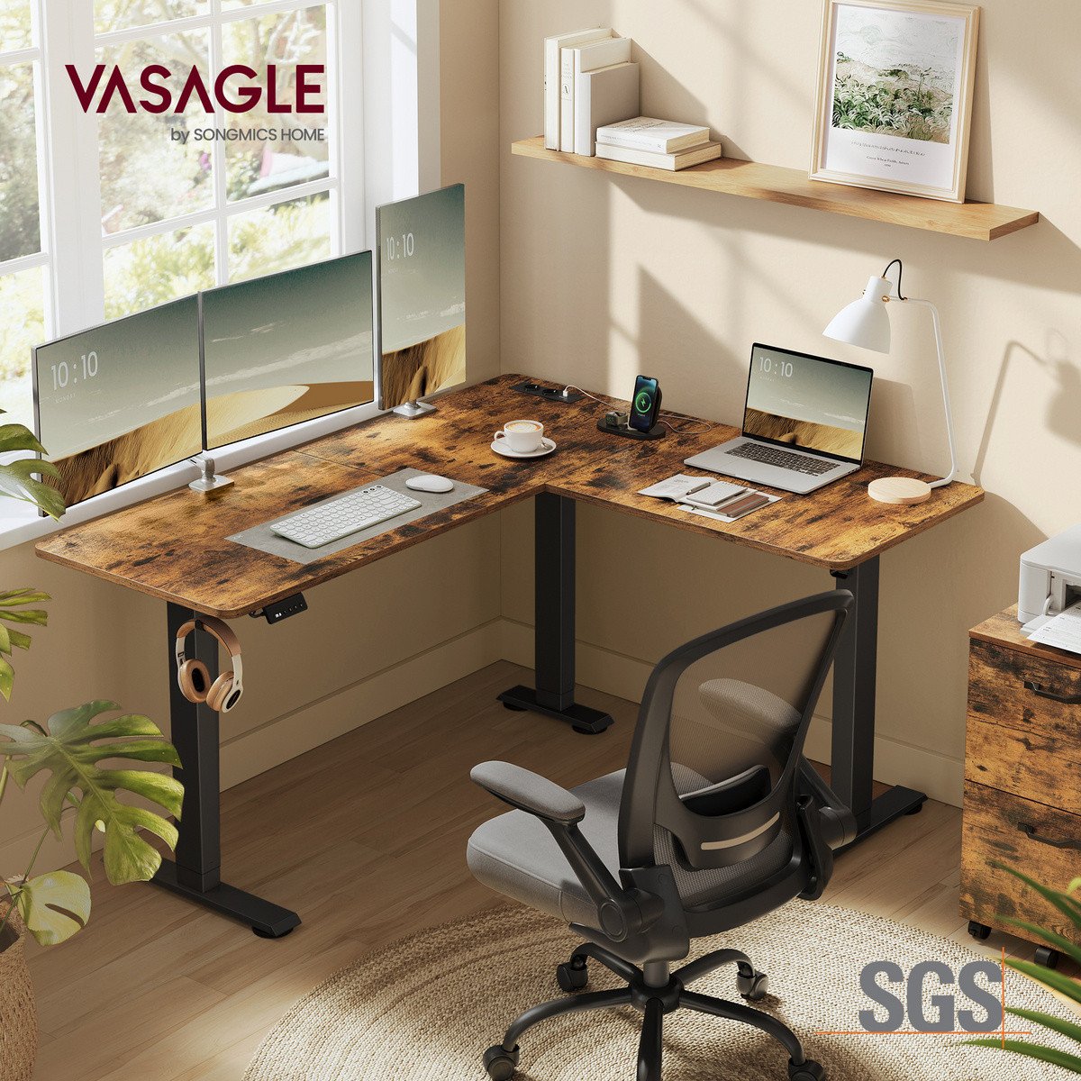VASAGLE L-format skrivbord, 140 × 160 cm, höjdjusterbar, med laddstation, rustikbrun/svart, LSD264K01
