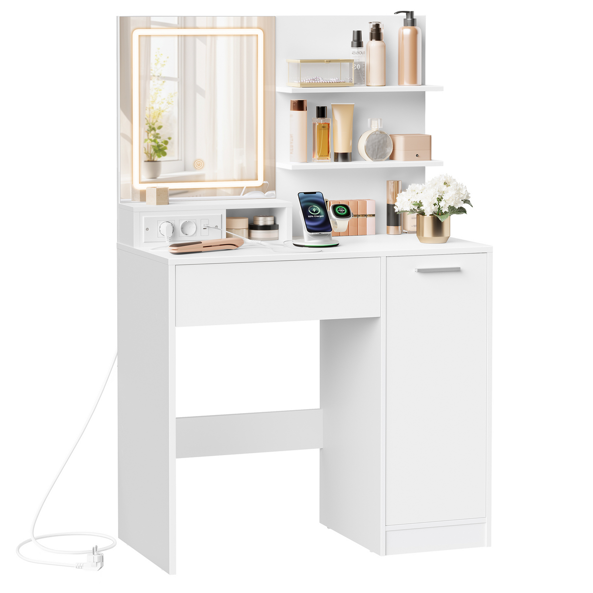 VASAGLE sminkbord, justerbar hylla, med LED-belysning, vit, RDT138W01