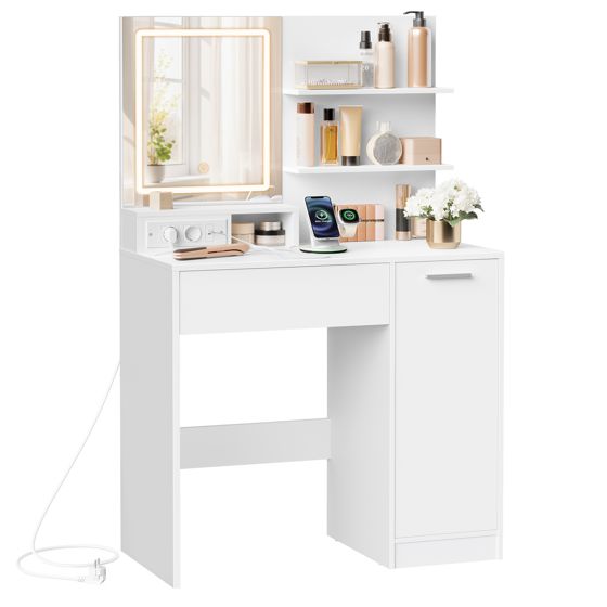 Vasagle sminkbord, justerbar hylla, med LED-belysning, vit, RDT138W01