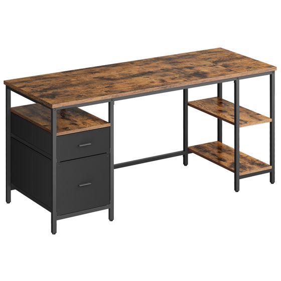 Vasagle datorbord, 2 lådor, 3 hyllor, 60 × 160 × 76 cm, rustikbrun, LWD105K01