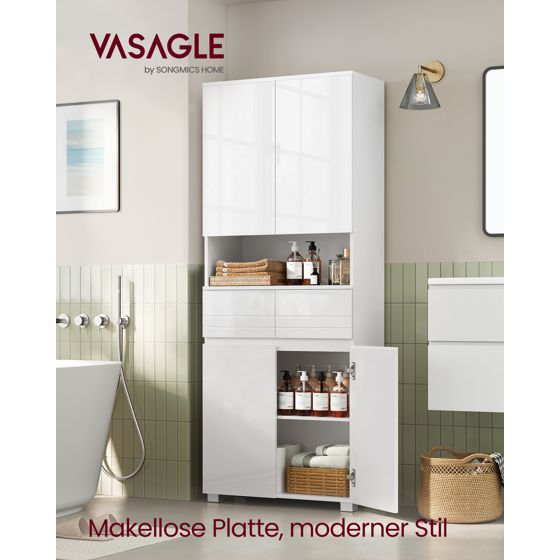 Vasagle badrumsskåp, 2 lådor, 30 × 60 × 170 cm, justerbar hylla, molnvit, BBC563W01
