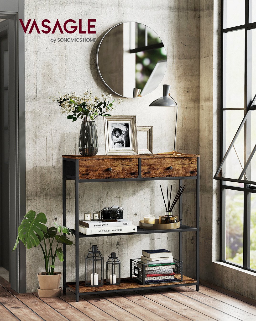 VASAGLE konsolbord, 2 lådor, 3 nivåer, 24 × 76 × 80 cm, rustikbrun/svart, LNT092K01