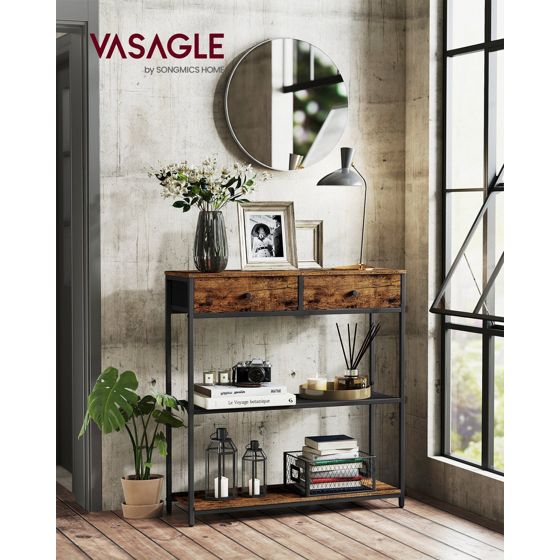Vasagle konsolbord, 2 lådor, 3 nivåer, 24 × 76 × 80 cm, rustikbrun/svart, LNT092K01