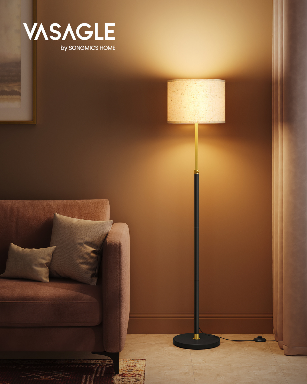 Vasagle golvlampa, 170 cm, höjdjusterbar, guld/svart, LFL002B02