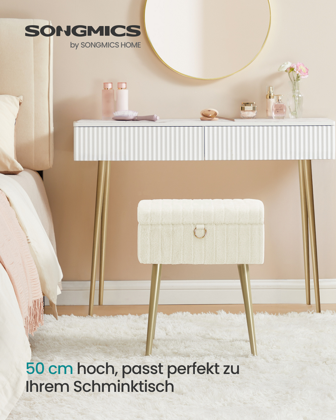 SONGMICS sminkbord, justerbar, gräddvit, LOM505WZ02