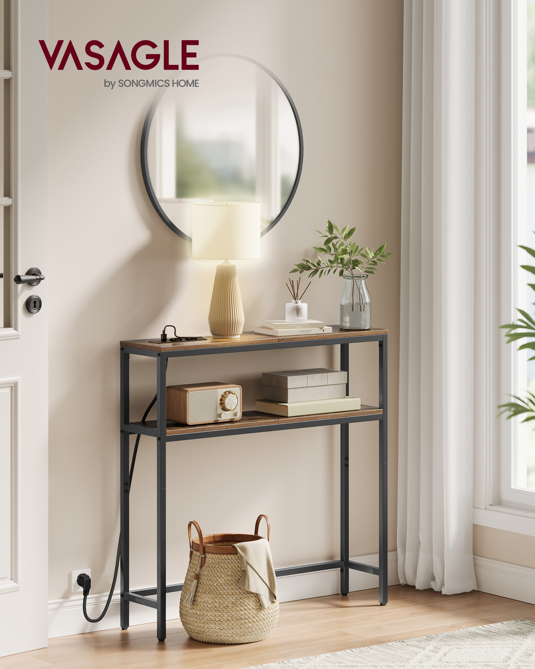 VASAGLE konsolbord, 2 hyllor, 20 × 80 × 80 cm, med laddstation, brun, LNT135KD01