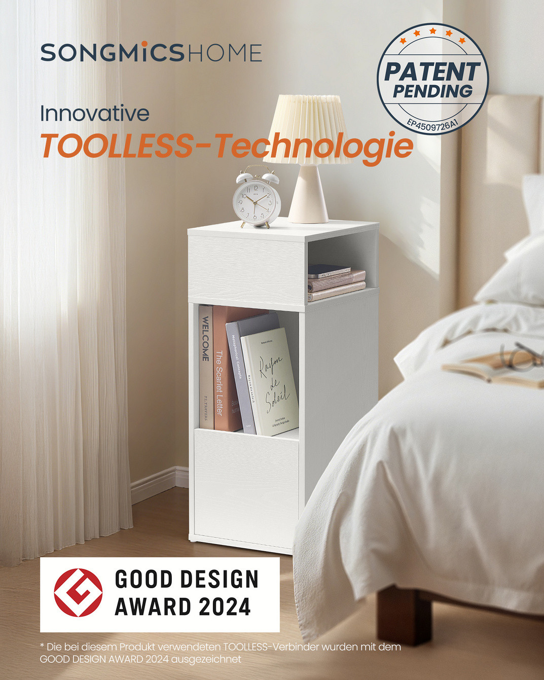 SONGMICS HOME sängbord, 1 låda, 30 × 25 × 59.4 cm, vit, LET911WE01