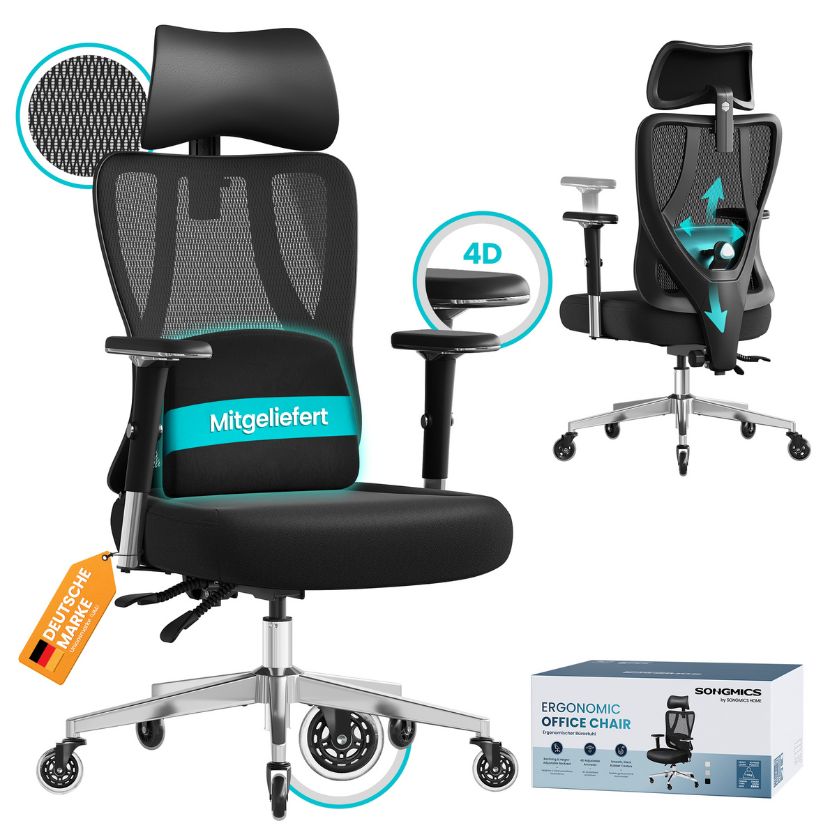 SONGMICS kontorsstol, justerbar, svart, OBN067BH01