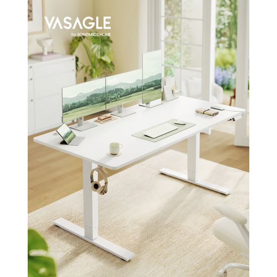 Vasagle höj- och sänkbart skrivbord, 160 × 80 cm, justerbar, med laddstation, mattvit, LSD146WZ02