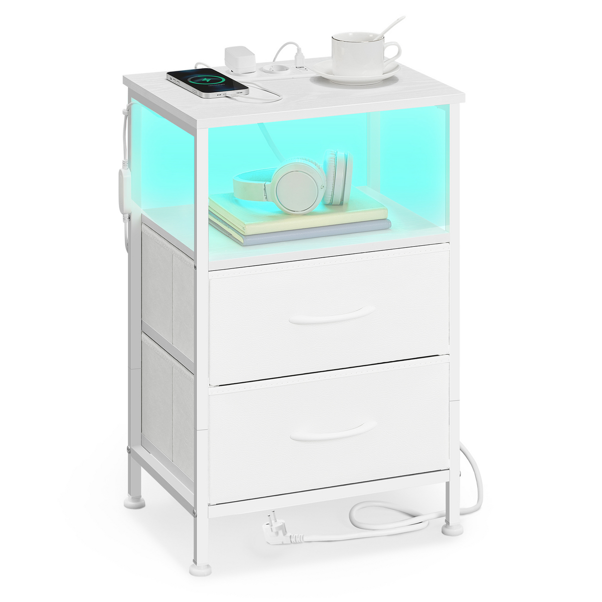 SONGMICS sängbord, 2 lådor, justerbar, med LED-belysning, molnvit, LGS302WH03