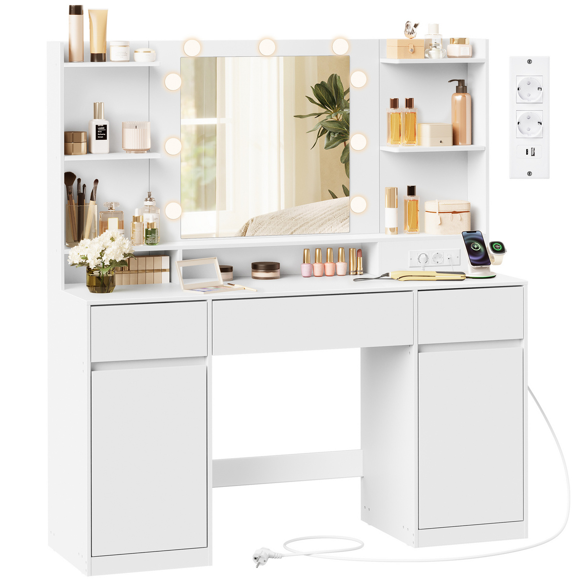 VASAGLE sminkbord, med spegel, med LED-belysning, molnvit, RDT142WB02