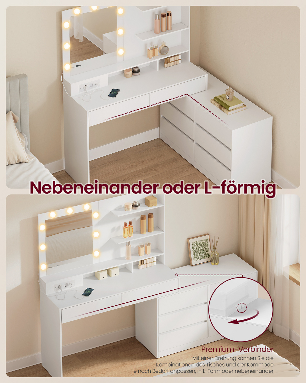 VASAGLE sminkbord, 8 lådor, 3 hyllor, med spegel, med LED-belysning, molnvit, RDT140WB01