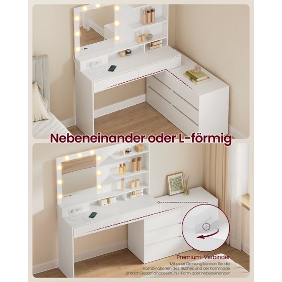 Vasagle sminkbord, 8 lådor, 3 hyllor, med spegel, med LED-belysning, molnvit, RDT140WB01