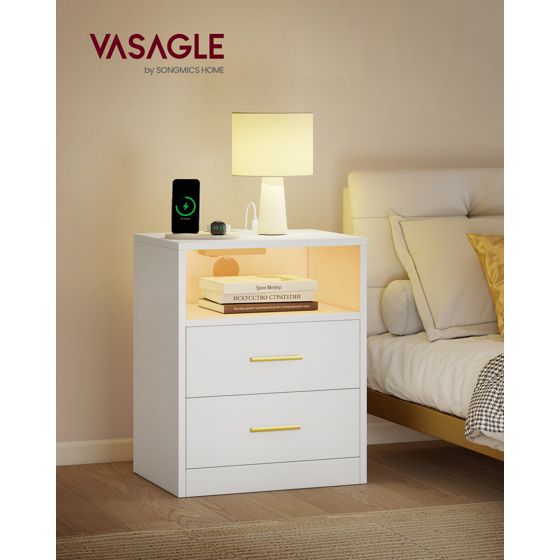 Vasagle sängbord, med LED-belysning, med laddstation, molnvit, LET629WB01