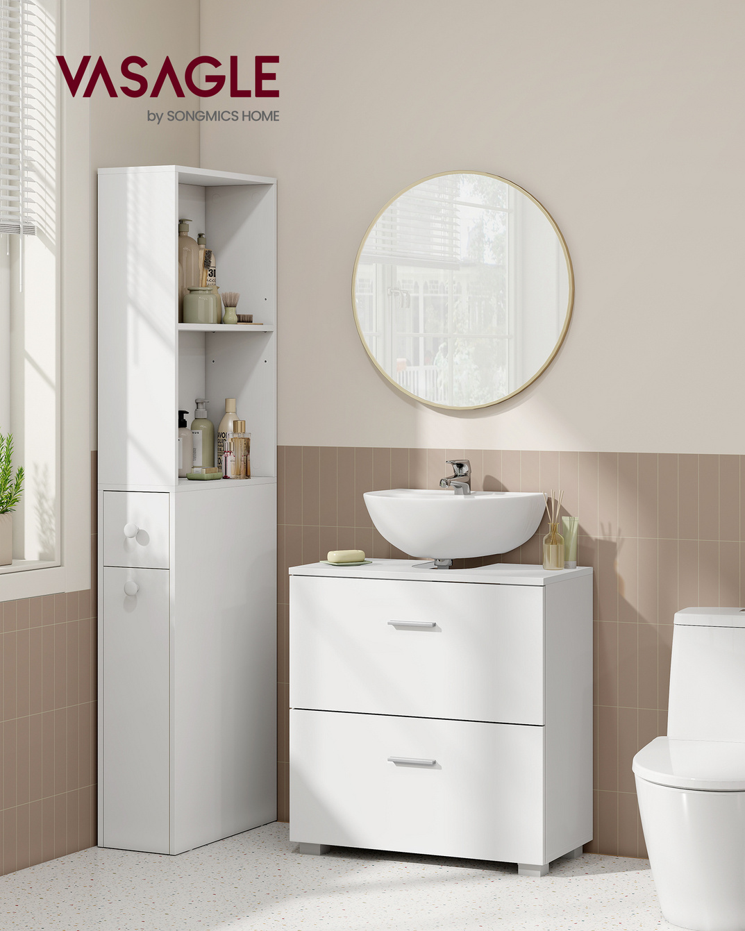 Vasagle kommod för tvättställ, 2 lådor, 30 × 60 × 63.8 cm, molnvit, BBK520WB01