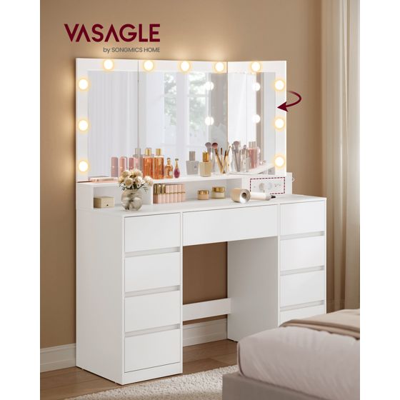 Vasagle sminkbord, 9 lådor, justerbar, med spegel, vit, RDT146WB01