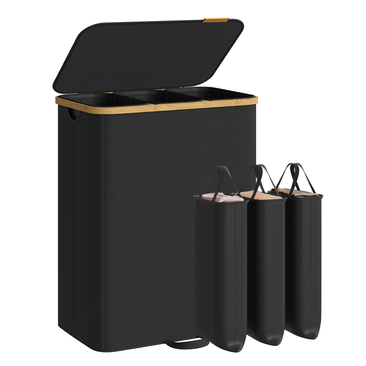 Songmics tvättkorg, 3 fack, 170 L, med lock, svart, LCB533BH01