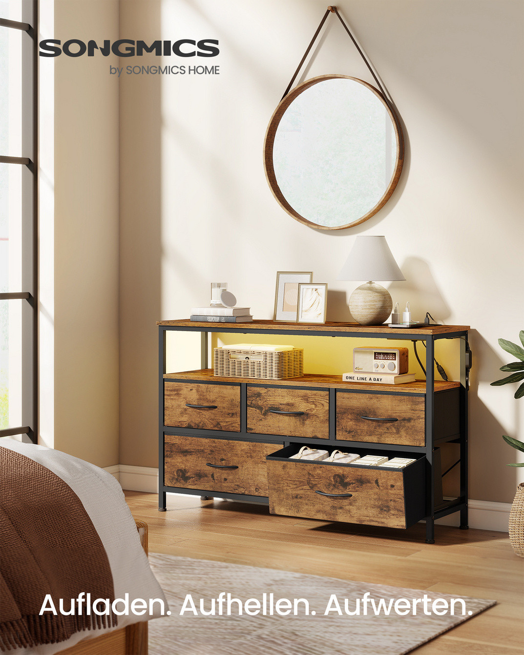 SONGMICS byrå, 5 lådor, justerbar, med LED-belysning, rustikbrun/svart, LGS723KD01