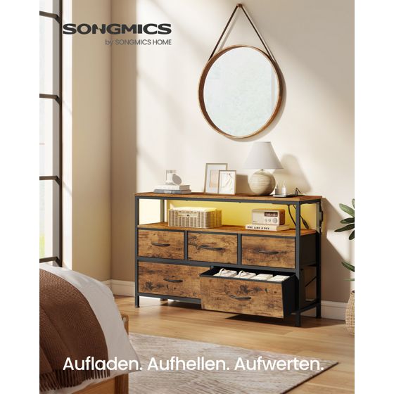 Songmics byrå, 5 lådor, justerbar, med LED-belysning, rustikbrun/svart, LGS723KD01