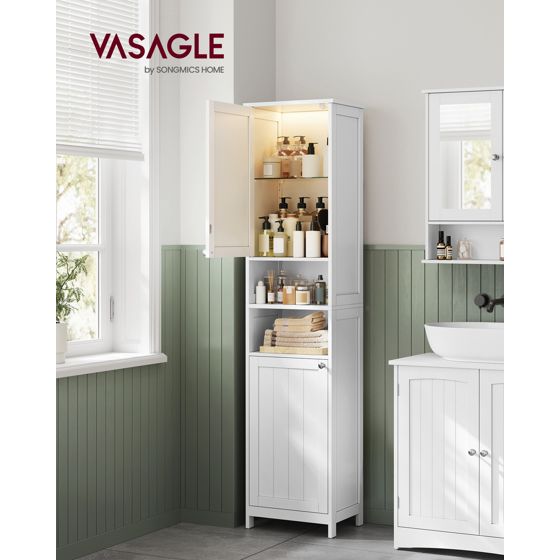 Vasagle badrumsskåp, 40cm, justerbar hylla, med LED-belysning, molnvit, BBC766WH03