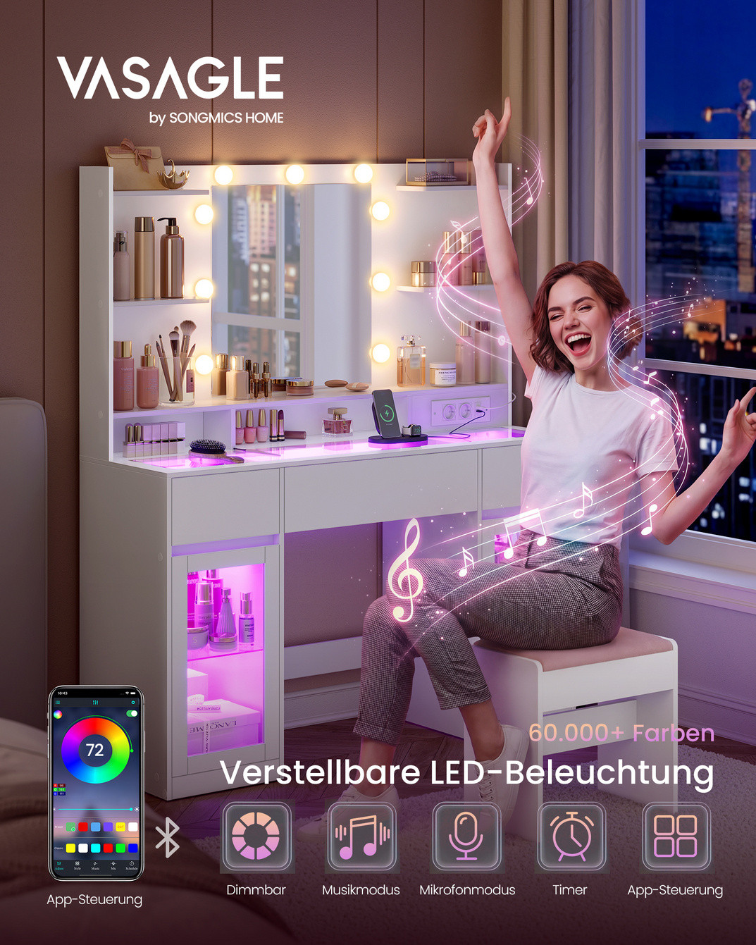 VASAGLE sminkbord, 107 × 40 × 144.5 cm, med LED-belysning, vit, RDT145WB01