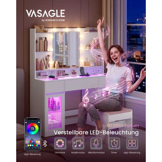 Vasagle sminkbord, 107 × 40 × 144.5 cm, med LED-belysning, vit, RDT145WB01