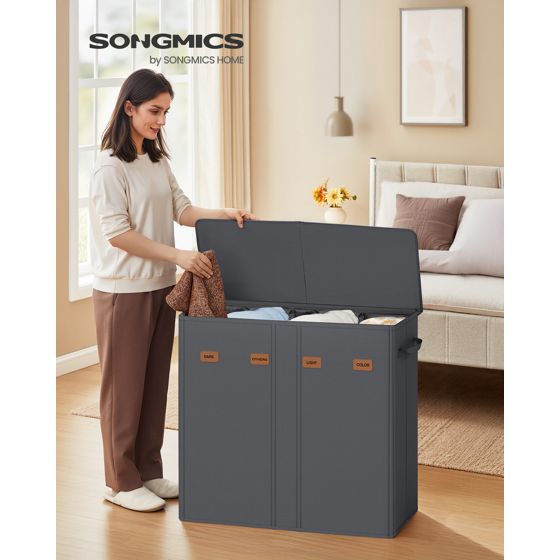 Songmics tvättsorterare, 4 fack, 210 L, med lock, mörkgrå, RLH014G01