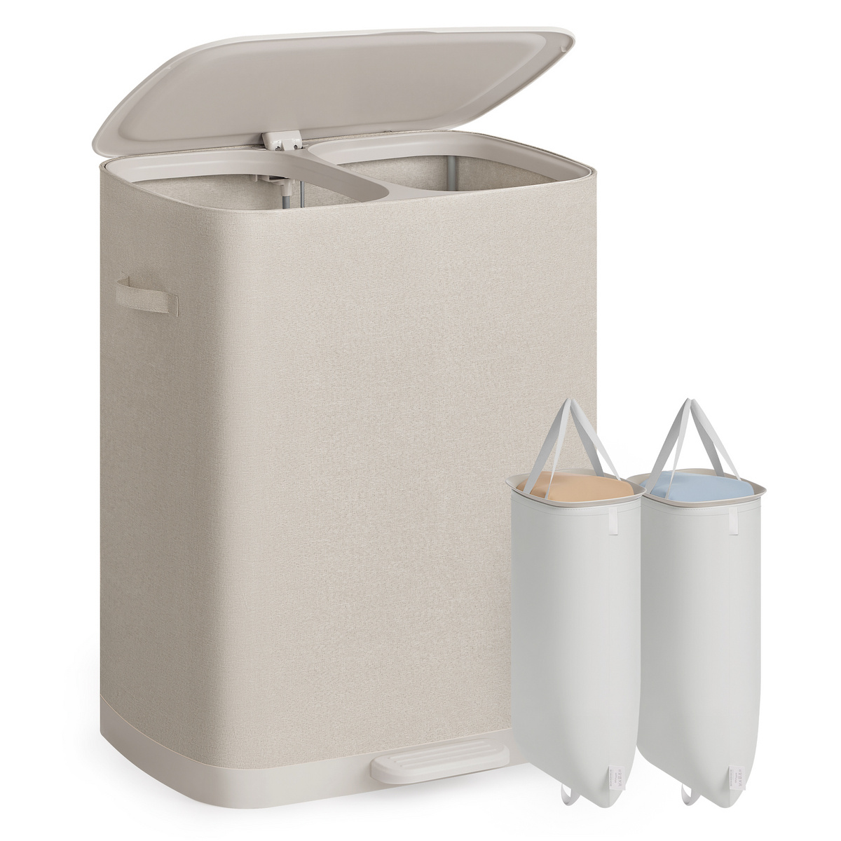 Songmics tvättkorg, 2 fack, 160 L, 56 × 40.5 × 75 cm, hopfällbar, med lock, beige, LCB832L101