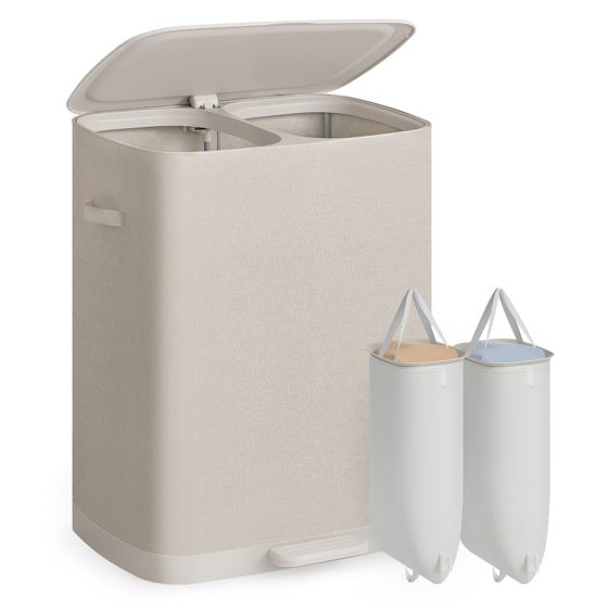 Songmics tvättkorg, 2 fack, 160 L, 56 × 40.5 × 75 cm, hopfällbar, med lock, beige, LCB832L101