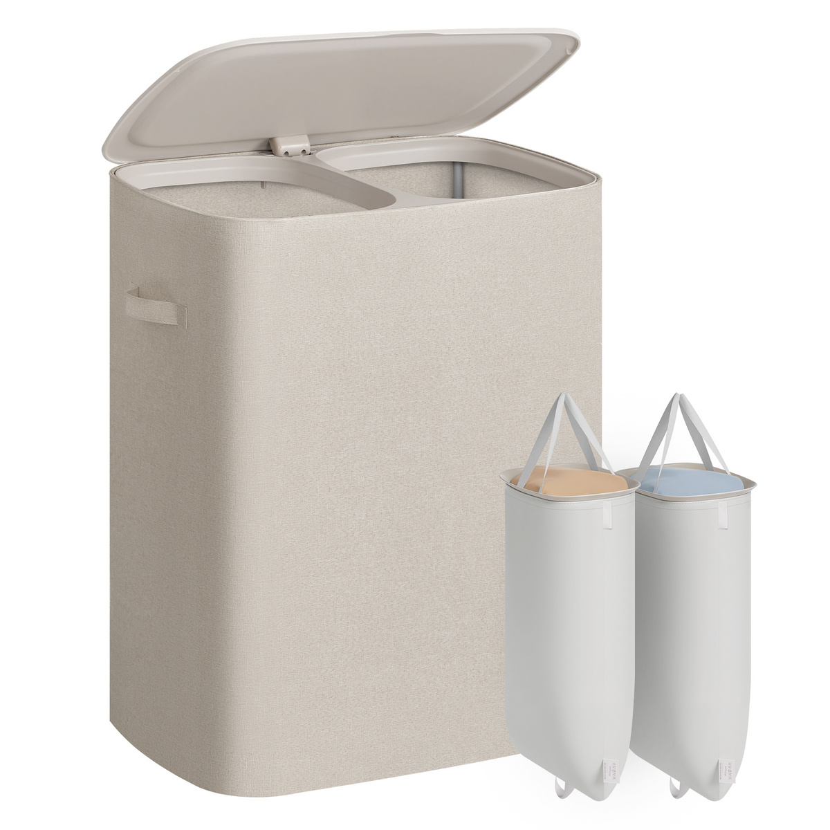 Songmics tvättkorg, 2 fack, 160 L, 56 × 40.5 × 70 cm, hopfällbar, med lock, beige, LCB822L101