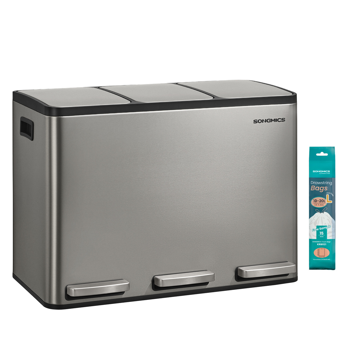 SONGMICS soptunna, 3 fack, 3 × 15 L, mjukstängande, silver, LTB145EZ01