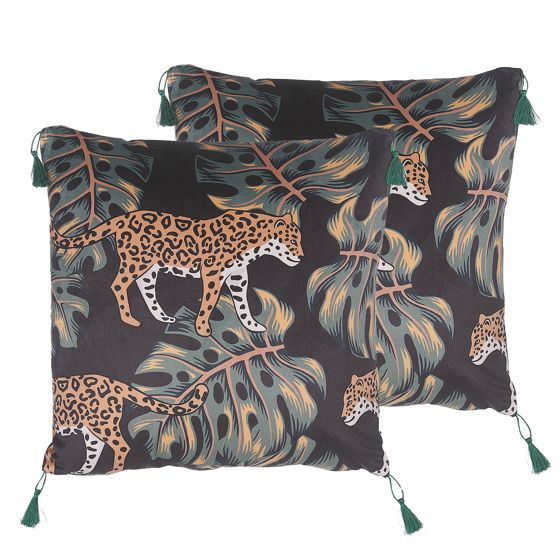 Set med 2 prydnadskuddar KUHI 45 x 45 cm Sammet Svart Djurtryck
