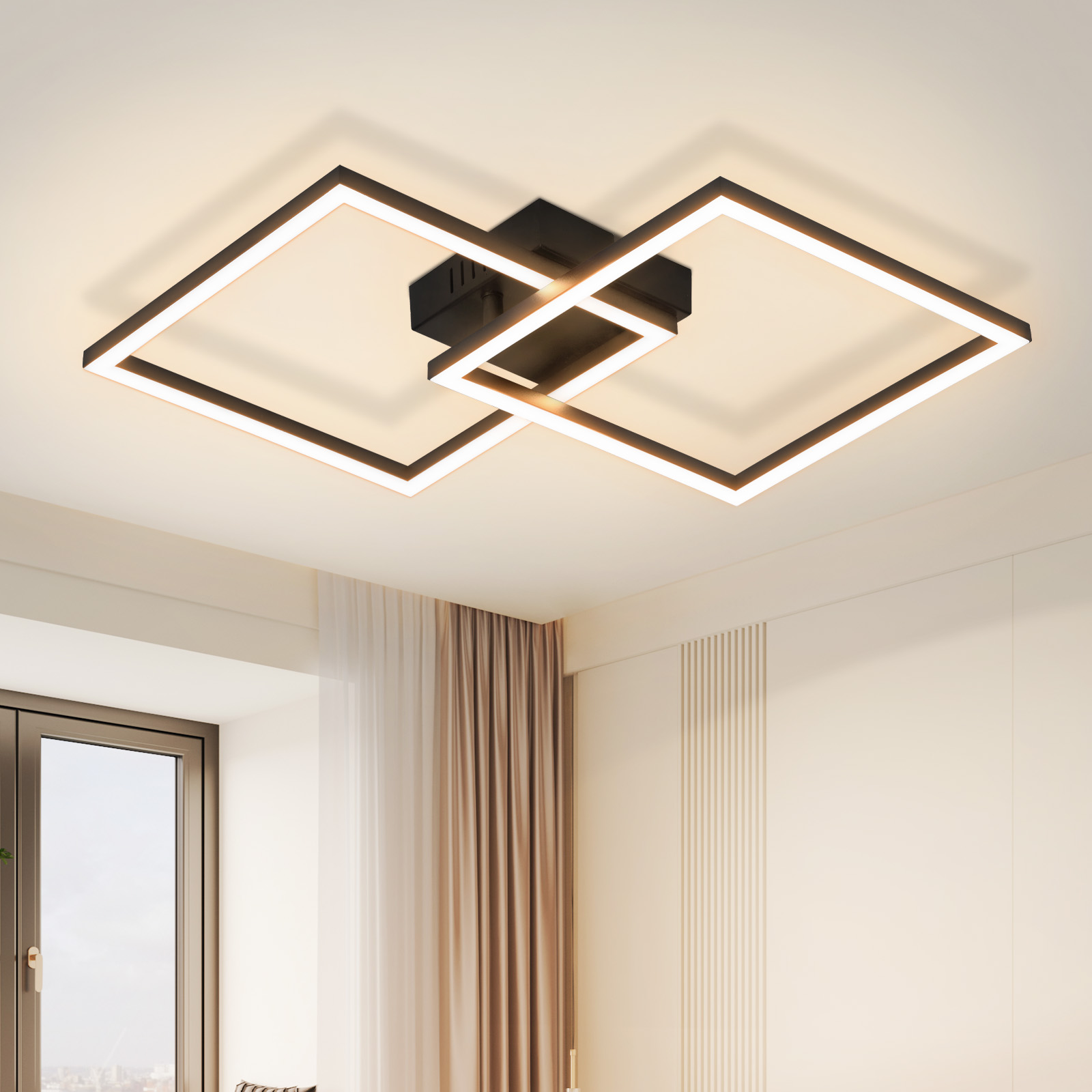 NETTLIFE LED - taklampa, sovrumstaklampa, 24W, vardagsrumslampa, varmvit, modern, svart, fyrkantig