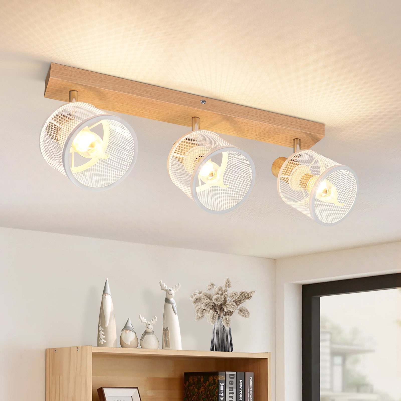 NETTLIFE - taklampa, 3 vita spotlights, trämönster - E14 taklampa, justerbar 350°, 4 glödlampor, max 25 W, modern för vardagsrummet