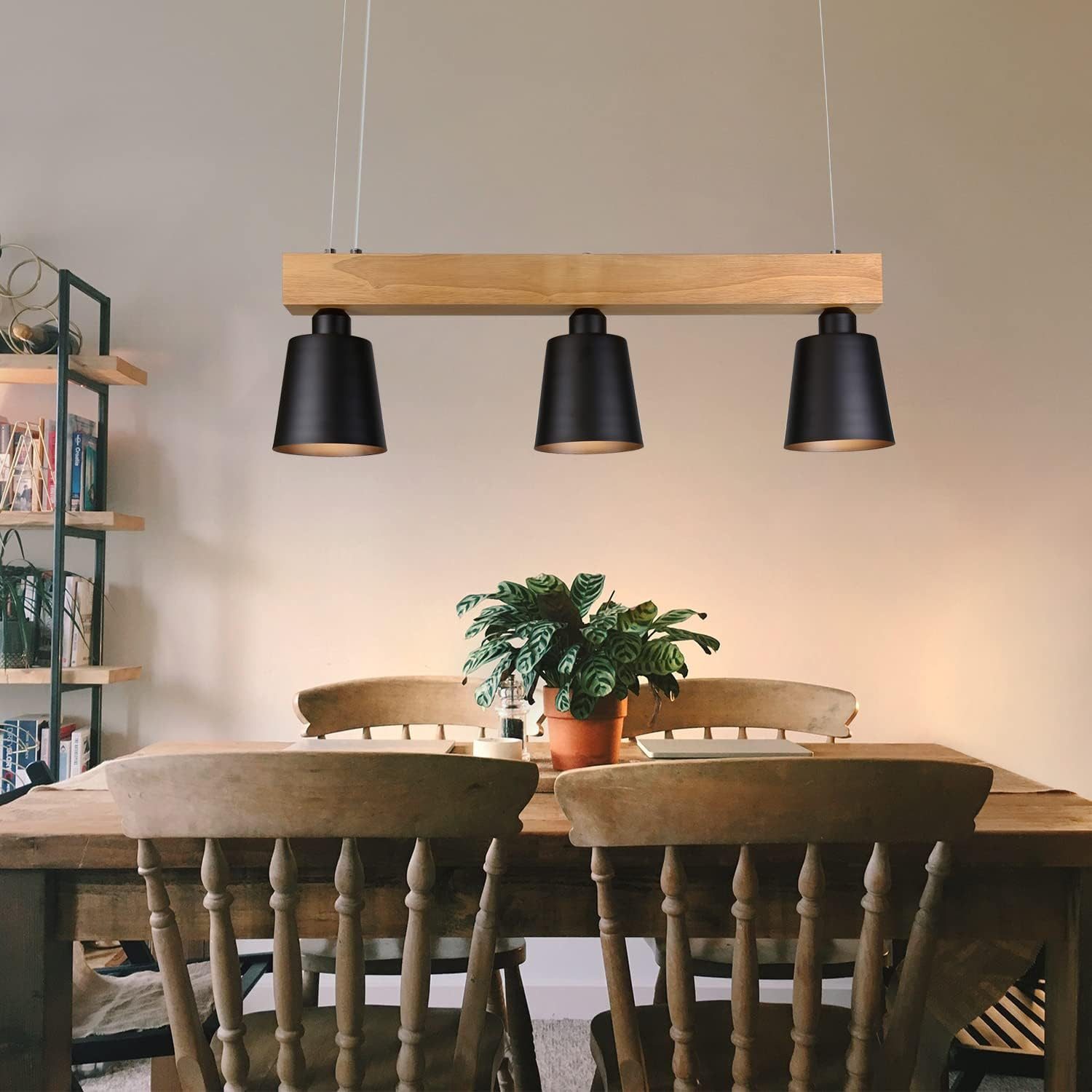 NETTLIFE pendellampa för matbord, 3 ljuskällor, trä och metall, E27, 150 cm