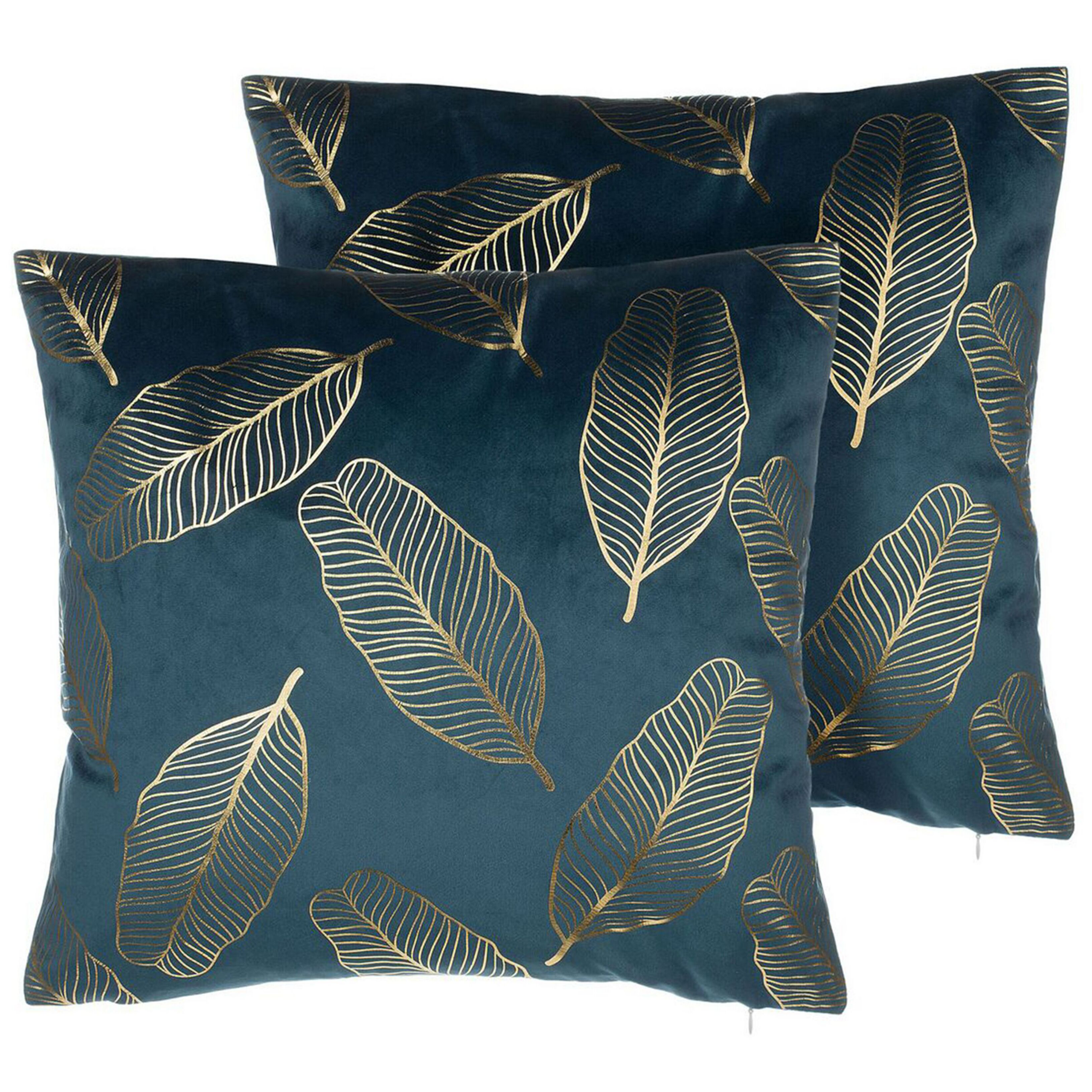 Set med 2 prydnadskuddar FREESIA 45 x 45 cm Sammet Blågrön Växtmotiv