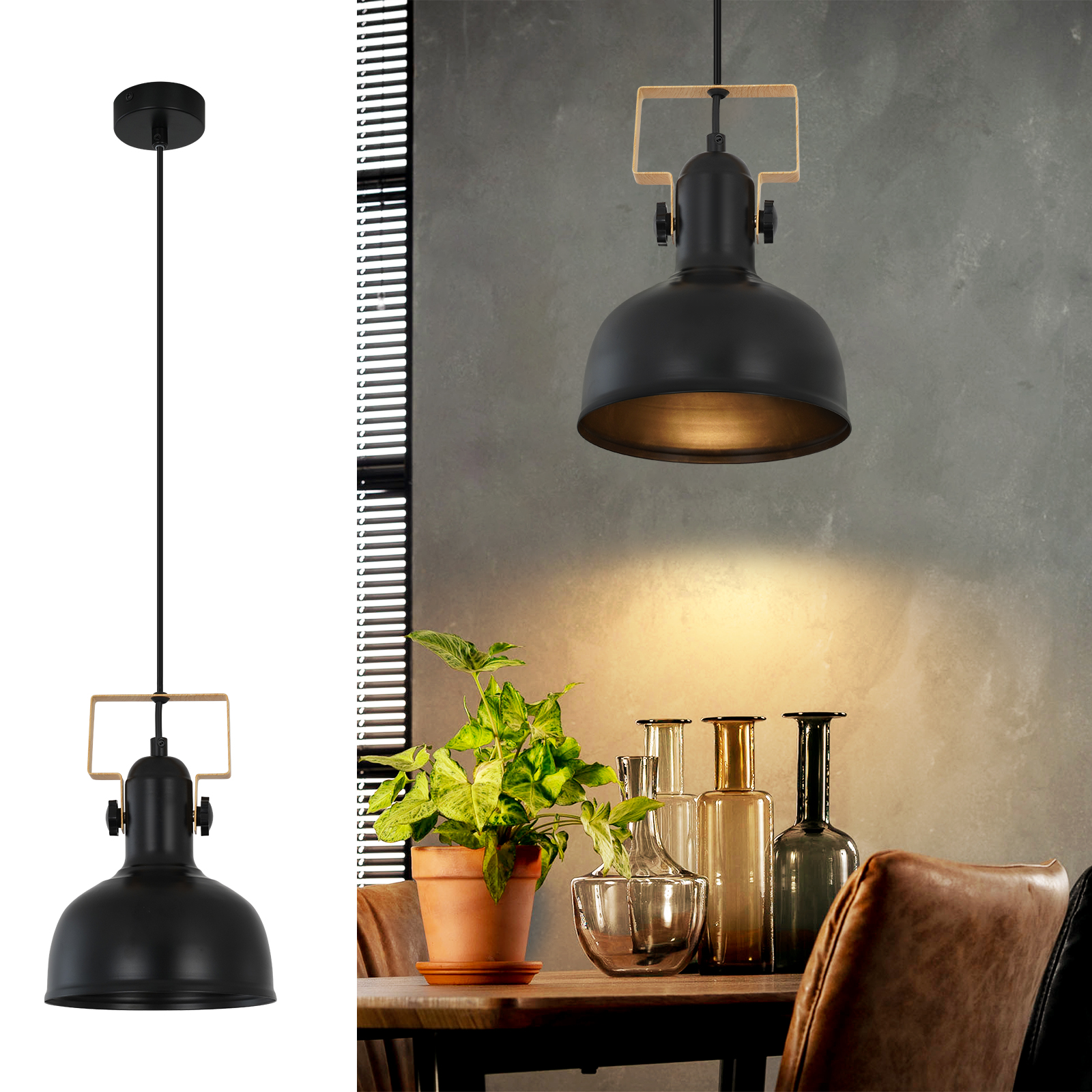 NETTLIFE Vintage - pendellampa, 1 låga, svart, retro, industriell, E27-sockel, MAX. 40 W