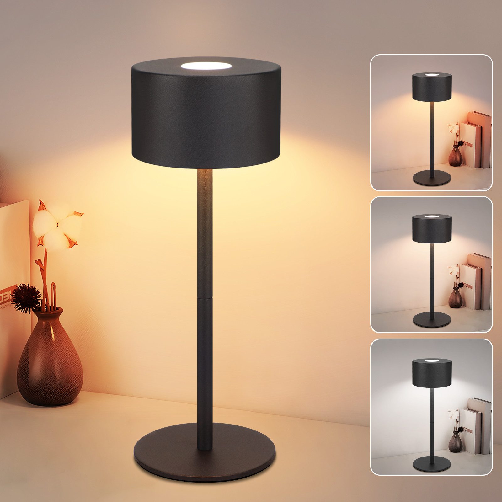 NETTLIFE Trådlös LED-bordslampa: Dimbar pekskärm med 3 färgtemperaturer, höjdjusterbar, USB