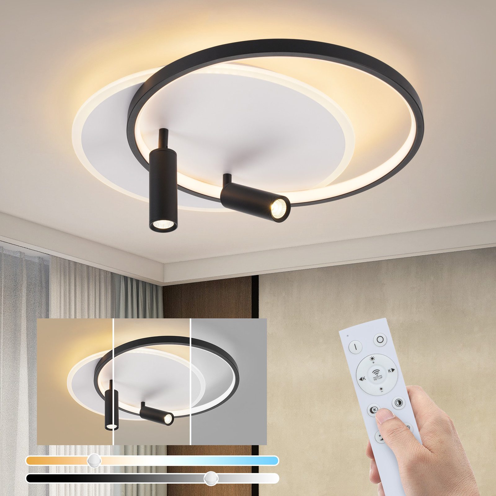 NETTLIFE LED - taklampa, vardagsrum Taklampa: Dimbar, vardagsrumslampa, 52W Med två svarta taklampor och fjärrkontroll