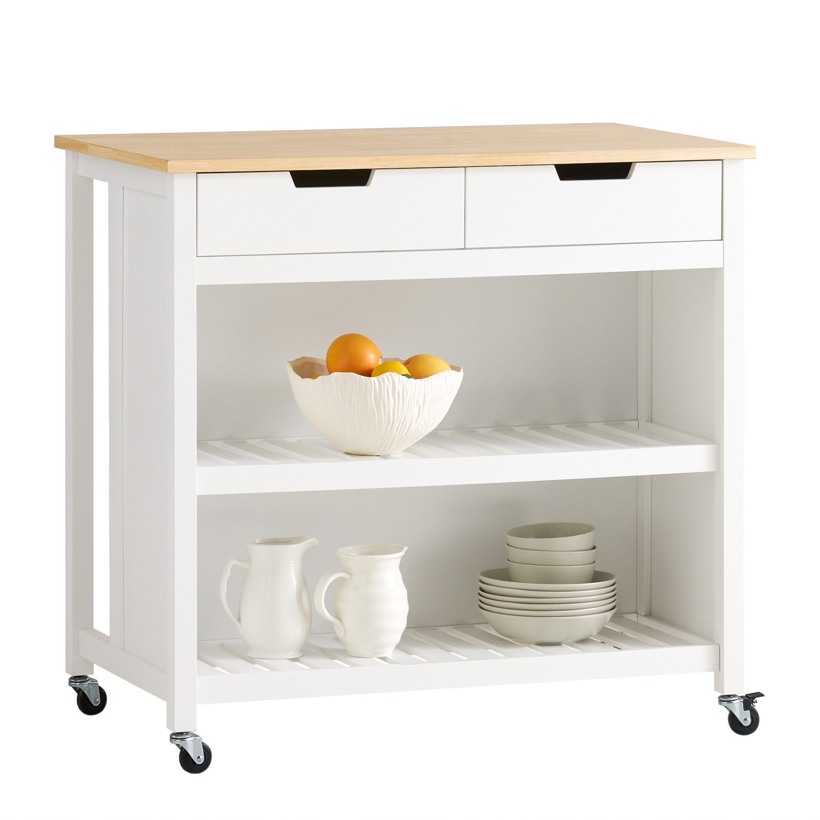 SoBuy Servettvagn med hjul, Köksvagn med arbetsyta, Rullvagn för kök, Servettvagn för utomhusbruk, Kökshylla, Stående hylla för kök, Köksvagn med förvaring, Vit-Natur, 98x58x94 cm, FKW74-WN