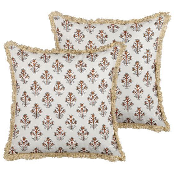 Set med 2 prydnadskuddar OMORIKA 45 x 45 cm Bomull Vit Blommigt tryck