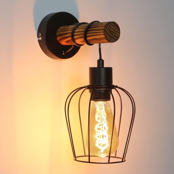 NETTLIFE Vintage Retro Trä Inomhusvägglampa med Strömbrytare Industriell Stil E27 Svart Väggspotlight Metall