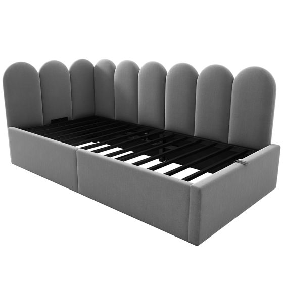 Bäddsoffa 90 x 190 cm, grå sammet, förvaringsutrymme + metall