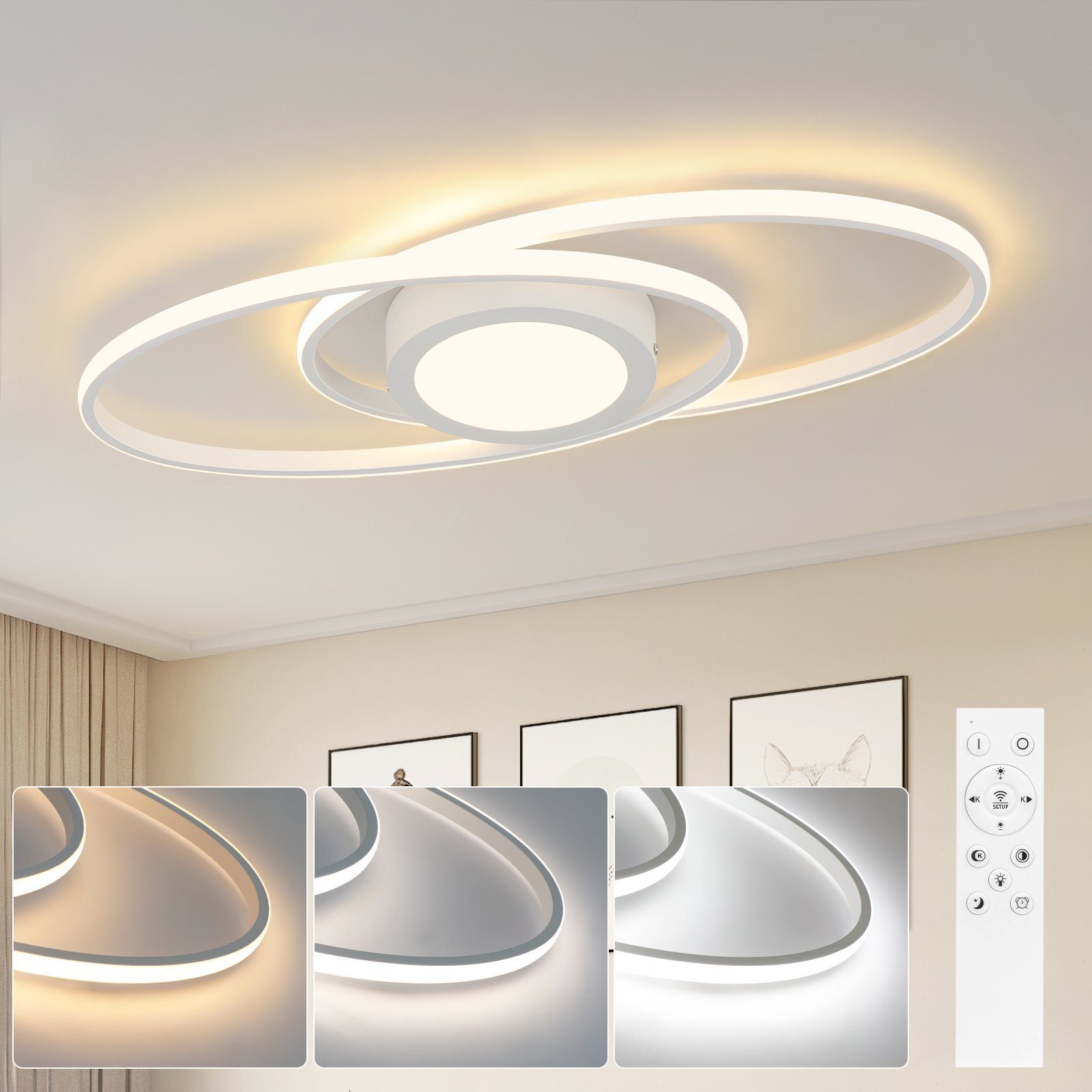 NETTLIFE oval LED-taklampa 48W dimbar vit med fjärrkontroll 3000K - 6500K modern för sovrum, barnrum, kontor